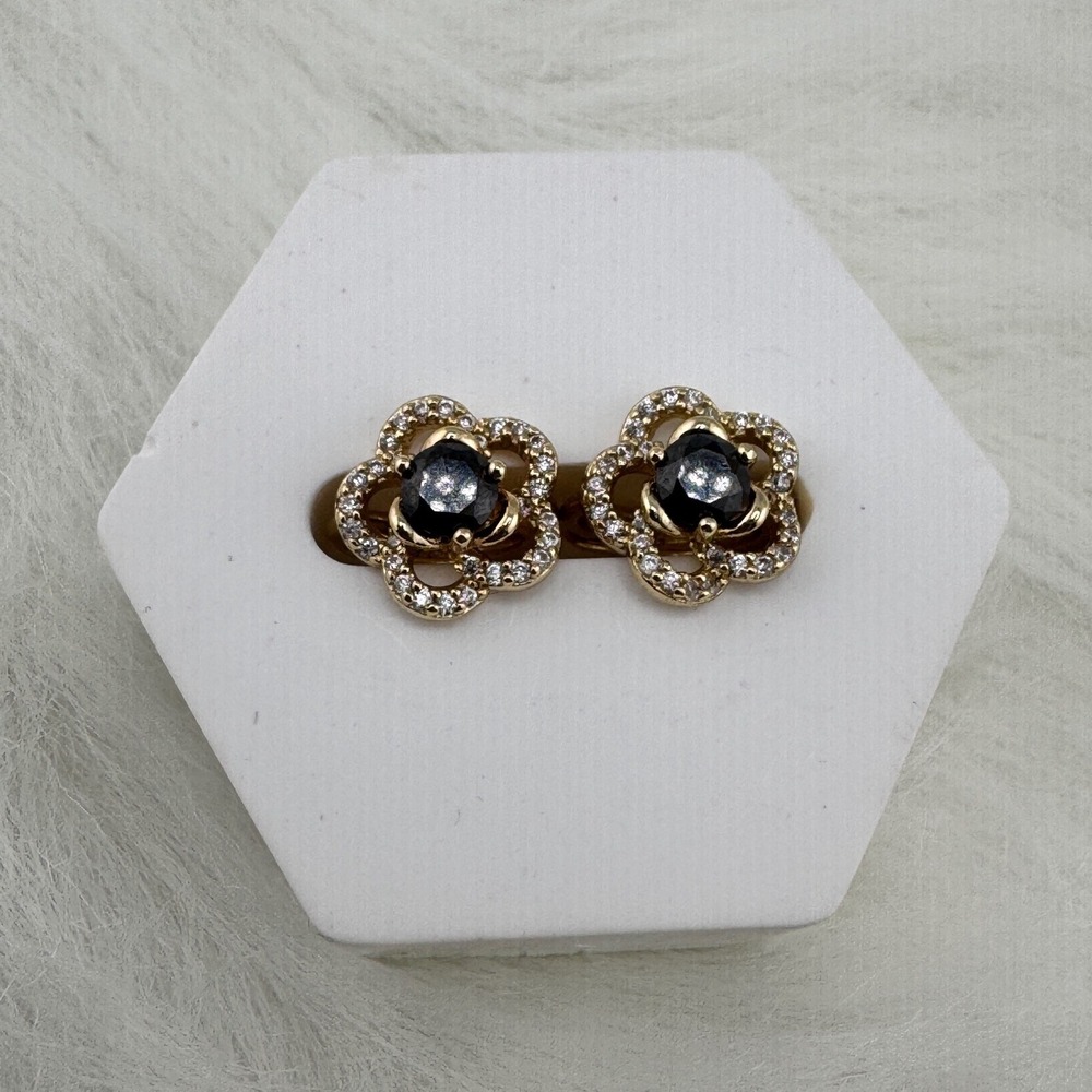 Gold Plated Flower Huggie Hoop Earrings Black Stone Pave Floral Jewelry